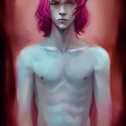 Image similar to teen boy, pink hair, pink eyes, elegant, georgeus, bust portrait, watercolor, high detalied, digital art, artstation, by charlie bowater