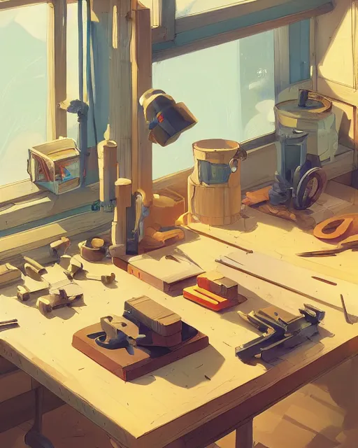 Image similar to tools on working table at woodworker shop, detailed, cory loftis, james gilleard, atey ghailan, makoto shinkai, goro fujita, studio ghibli, rim light, exquisite lighting, clear focus, very coherent, plain background, soft painting