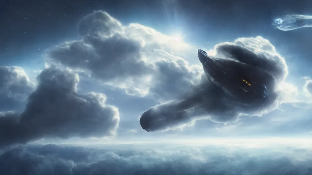 Prompt: space ship bursting through the clouds, dramatic cinematic action shot, matte painting, concept art, realistic, fluffy clouds, sci fi, space craft, 8k