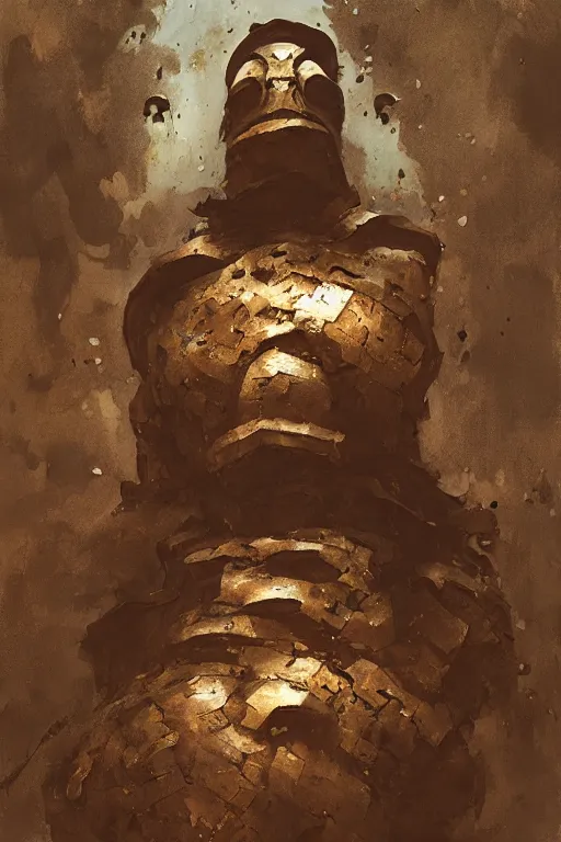 Image similar to looking up at a bronze golem, intricate, elegant, highly detailed, john park, frazetta, sparth, ruan jia, jeffrey catherine jones