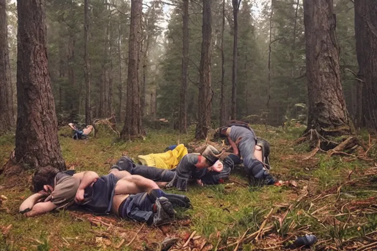 Image similar to mid - thirties guys binge drinking and hiking in a forest, one person pissing on a tree, one person is laying on the ground drunk, in the style of simon stalenhag