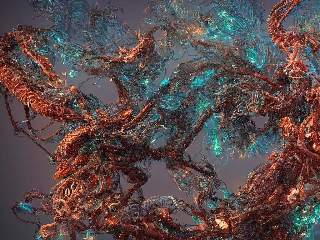Image similar to a visionary 8 k cg render with hundreds intricate incense smoke modular synthesizer robot chinese dragons growing on a fantasy pegasus made of feathers and complex interweaving tentacles, plants and intricate mechanical parts, complex wrapping bio - mech fiber optic cables with particles, beautiful glowing tech volumetric lighting, # cgsociety, trending on artstation, soft pastel color, dof : - 1