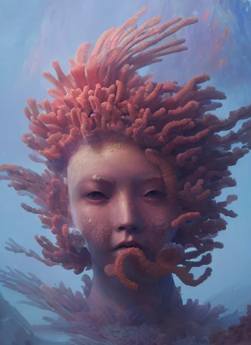 Prompt: Helmet of a forgotten Deity, clowing corals and sea anemone, extremly detailed digital painting, in the style of Fenghua Zhong and Ruan Jia and jeremy lipking and Peter Mohrbacher, mystical colors, rim light, beautiful lighting, 8k, stunning scene, raytracing, octane, trending on artstation