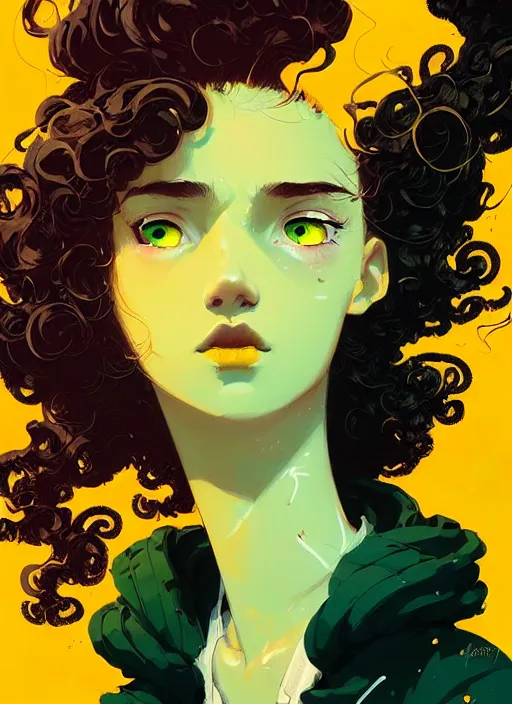 Prompt: highly detailed closeup portrait of nice curly green shades hair teen girl, curly hair, black and yellow suit by atey ghailan, by greg rutkowski, by greg tocchini, by james gilleard, by joe fenton, by kaethe butcher, gradient orange, black and white color scheme, grunge aesthetic!!! ( ( graffiti tag wall background ) )