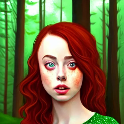 Prompt: realistic character concept, gorgeous Kacey Rohl, red hair, small freckles, symmetrical face, symmetrical eyes, green dress, forest, trees, shorter neck, cinematic lighting, artgerm and Adreas Rocha, beautiful