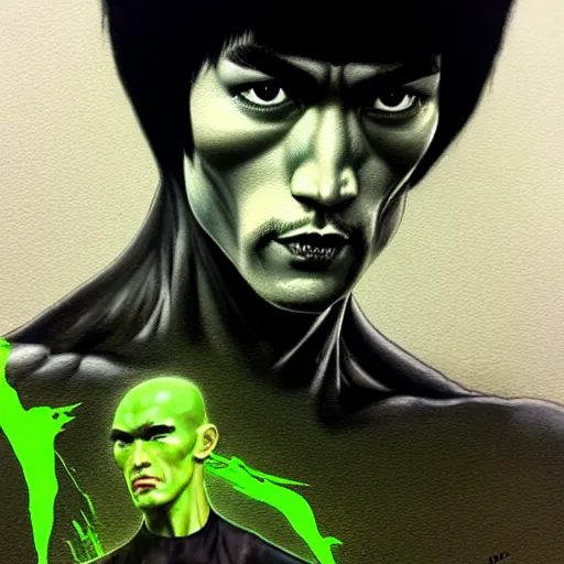 Image similar to a demon slayer portrait of bruce lee, tall, pale - skinned, and slender with lime green eyes and long eyelashes by stanley artgerm, tom bagshaw, arthur adams, carne griffiths, trending on deviant art, street art, face enhance, chillwave, maximalist, full of color, glittering