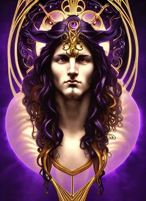 Image similar to the god zeus, portrait, wavy black electric hair, glowing eyes,, volumetric lights, purple and gold scheme, art nouveau botanicals, gothic, intricate, highly detailed, digital painting, artstation, concept art, smooth, sharp focus, symmetric face, illustration, steampunk, art by artgerm and greg rutkowski and alphonse mucha