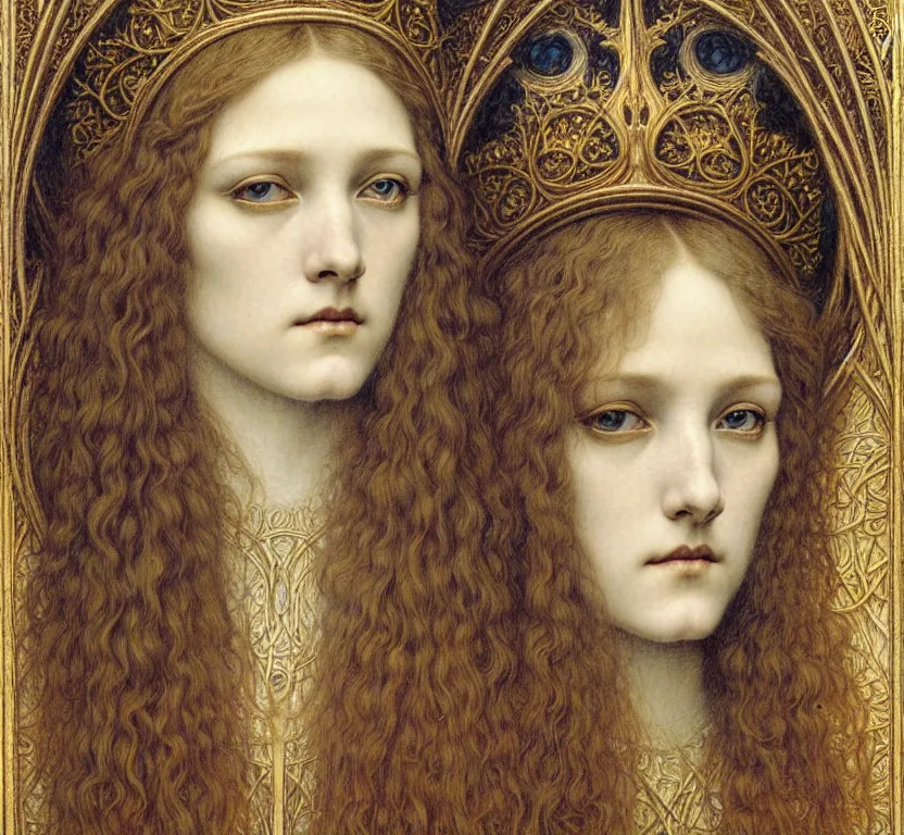 Image similar to detailed realistic beautiful young medieval queen face portrait by jean delville, gustave dore and marco mazzoni, art nouveau, symbolist, visionary, gothic, pre - raphaelite. horizontal symmetry