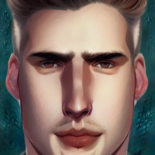 Prompt: tall slightly fat man in his twenties with brown blond short quiff hair and round facial structure with cleft chin, straight eyebrows, slightly smiling, cheekbones, wider face, shadow of beard, atmospheric lighting, painted, intricate, 4 k, highly detailed by charlie bowater