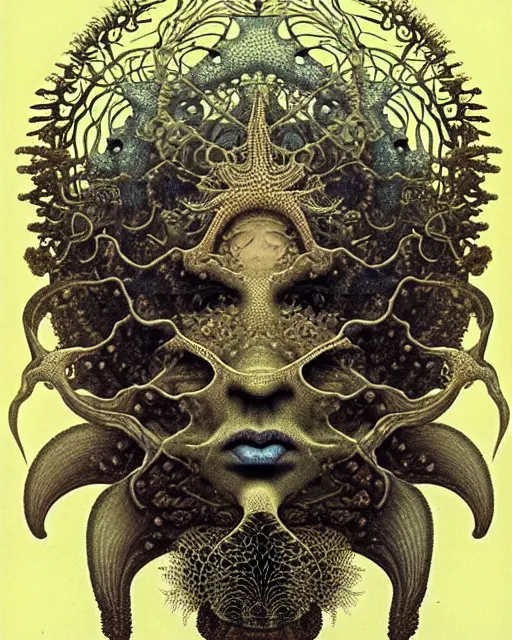 Image similar to realistic detailed underwater face portrait of the beautiful young god of the fish of the fractal waters with an intricate headgear of corals, sea kelp, sea plants, fish, starfish, jellyfish, art by ernst haeckel, zdzisław beksinski, hieronymus bosch, gothic, neo - gothic, ornamental, beautiful deep colours,