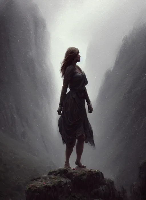 Image similar to epic portrait cinematic shot an female standing infront of an giant in the hills, cloudy, foggy, storm, lighting strikes, fine details. night setting. realistic shaded lighting poster by craig mullism, artgerm, jeremy lipkin and michael garmash, unreal engine, radiant light, detailed and intricate environment, digital art, trending on art station,