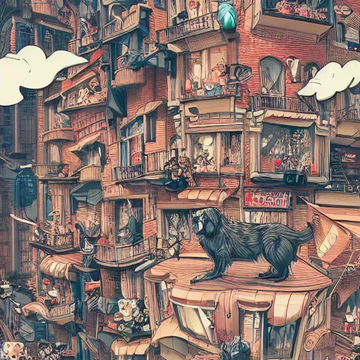 Image similar to crazy dog apartments, extremely detailed, sharp focus, wide view, full body shot, smooth, digital illustration, by james jean, by rossdraws, frank franzzeta, mcbess, sakimichan