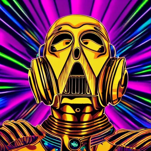 Image similar to artgerm, psychedelic laughing c 3 p 0, rocking out, headphones dj rave, digital artwork, r. crumb, svg vector