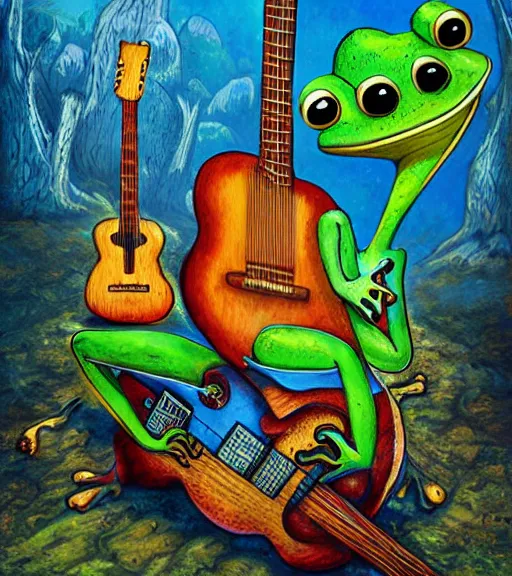 Image similar to a frog playing guitar on a hallucinogenic mushroom justin gerard