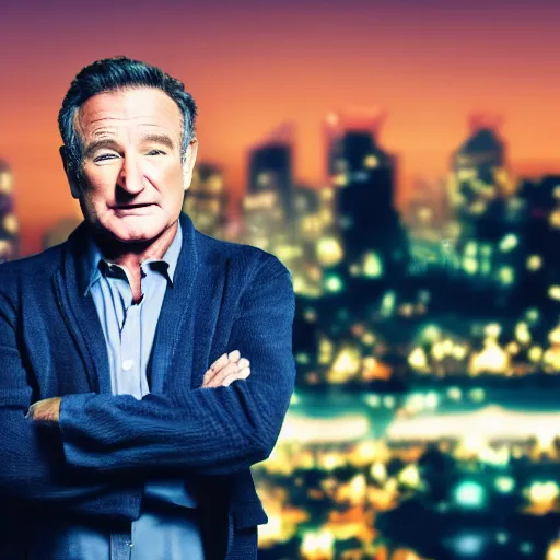 Image similar to a still of Robin Williams. Shallow depth of field. City at night in background, lights, colors ,studio lighting, mood, 4K. Profession photography