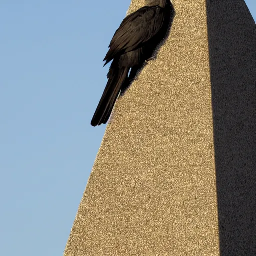 Image similar to a giant crow with a round body short legs and large black beak sitting in a black stone obelisk, high resolution film still, film by Jon Favreau