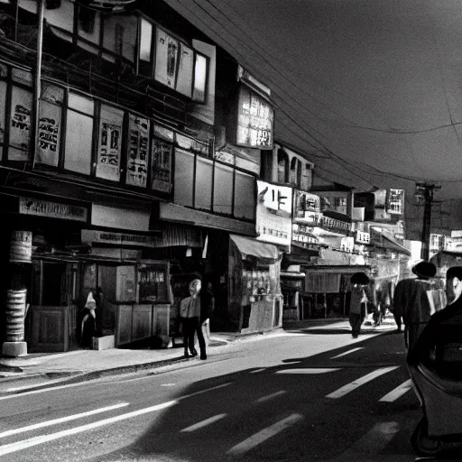 Image similar to 1950s Korean thriller film noir, a view of Shin Sang-ok in the middle of an empty scene, 35mm film, Cooke Varotal 20-100 T3.1