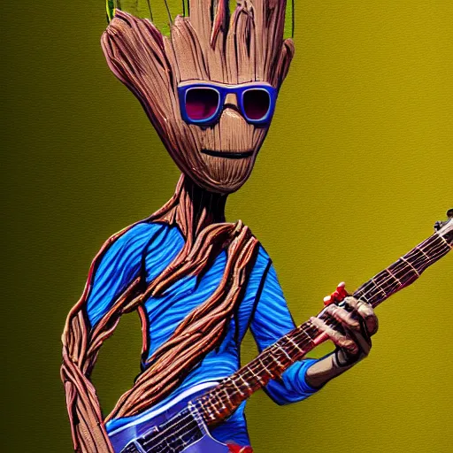 Prompt: groot playing electric guitar with sunglasses, digital painting, hyperrealism, detailed