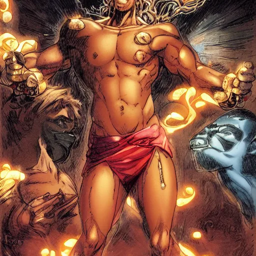 Prompt: a young brown skinned brown haired genie, with abs, emerging from a lamp, rippling with magic, smiling enthusiastically appearing as a character in volume 6 of Metabarons, drawn by Mobius - masterpiece of evocative linework and expressive colours