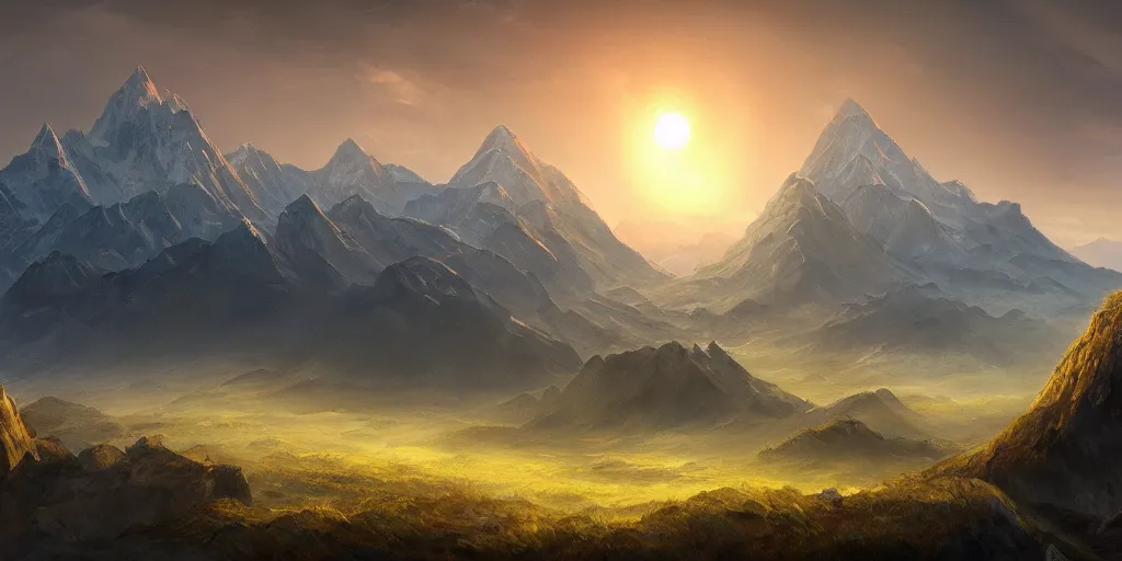 Image similar to large mountains in the distance, solar eclipse, landscape wallpaper, d&d art, fantasy, painted, 4k, high detail, sharp focus, artstation