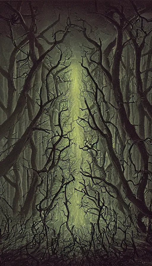 Image similar to a storm vortex made of many demonic eyes and teeth over a forest, by david a. hardy