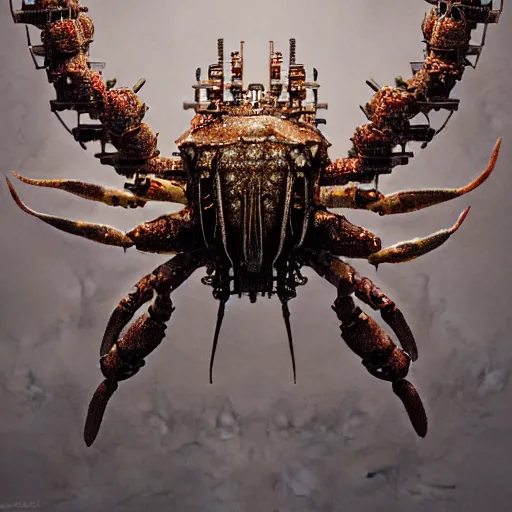 Prompt: A photorealistic 3d render of a steampunk crab made of gears and pipes wide view shot by ellen jewett , tomasz alen kopera and Justin Gerard symmetrical features, ominous, magical realism, texture, intricate, ornate, royally decorated, windows, radiant colors, fantasy, trending on artstation, volumetric lighting, micro details, 3d sculpture, ray tracing, 8k