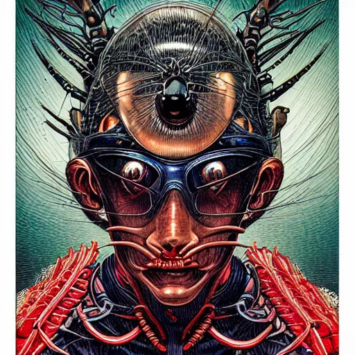 Image similar to portrait of crazy black fly man, symmetrical, by yoichi hatakenaka, masamune shirow, josan gonzales and dan mumford, ayami kojima, takato yamamoto, barclay shaw, karol bak