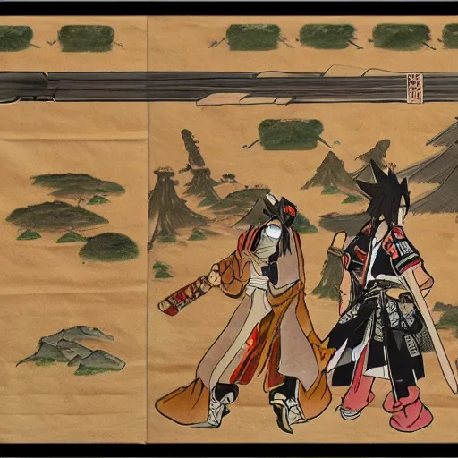 Prompt: Final Fantasy VII as an emaki scroll, highly detailed, beautiful