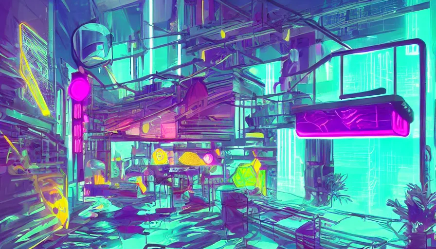 Image similar to concept art for a cyberpunk beehive, interior design, bright colors, neon signs