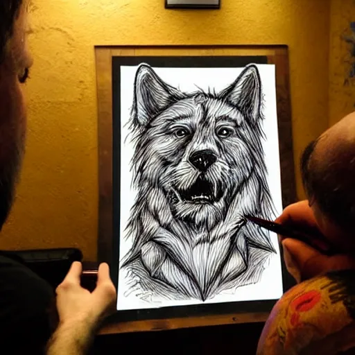 Image similar to photo portrait of drunk hobo artist drawing furries for booze, symmetry, awesome exposition, very detailed, highly accurate, intricate, professional lighting diffracted lightrays, 8 k, sense of awe