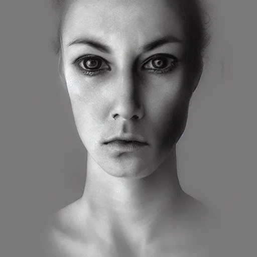 Image similar to woman face staring, portrait, flash photograph, 80mm F2.8, single light source, by Zdzislaw Beksinski