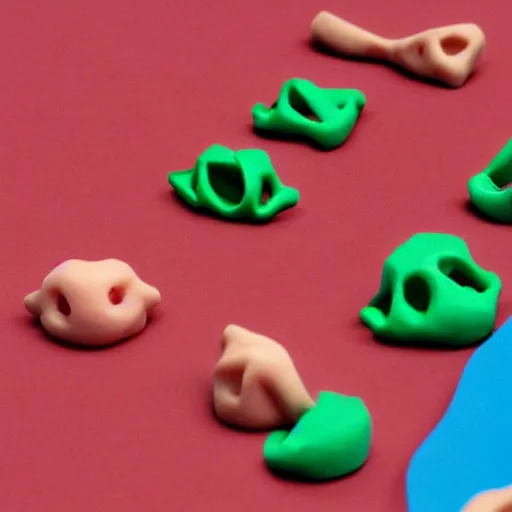 Prompt: teeth made of plasticine scattered on the table