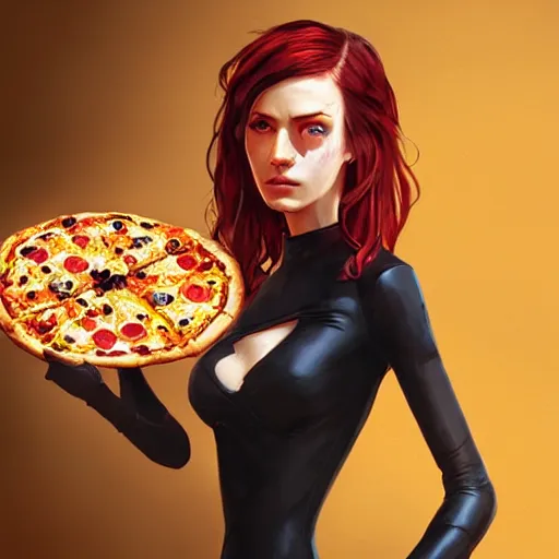 Prompt: skinny pale lady in black dress with red hair holding pizza, Apex Legends character, digital illustration portrait design, by android jones and greg rutkowski, retrowave color scheme, detailed, cinematic lighting, wide angle action dynamic portrait