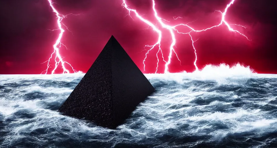 Prompt: photo of black lovecraftian eldritch!! obsidian pyramid!! on a snowy island surrounded by raging stormy seas, with a large shadow of a creature in the background, night, red lightning!!, storm!, dramatic lighting, photo realistic, 8 k