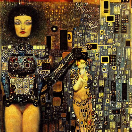 Prompt: robot with analog electronic circuitry, intricate detail, painting, jazz age, klimt, royo, frazetta, whealan,