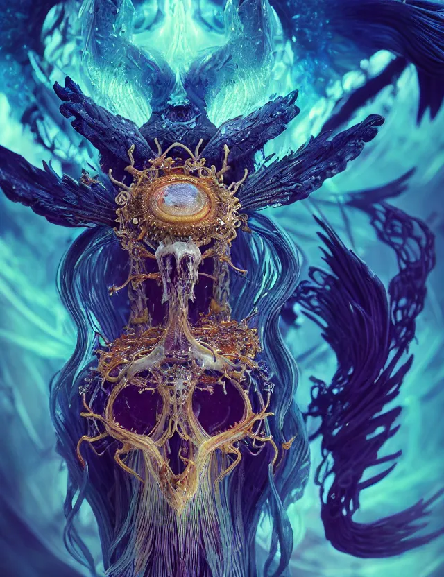 Image similar to witch phoenix macro close - up portrait with crown made of ram skull. phoenix, betta fish, jellyfish, plasma, ice, water, wind, creature, super intricate ornaments artwork by tooth wu and wlop and beeple and greg rutkowski