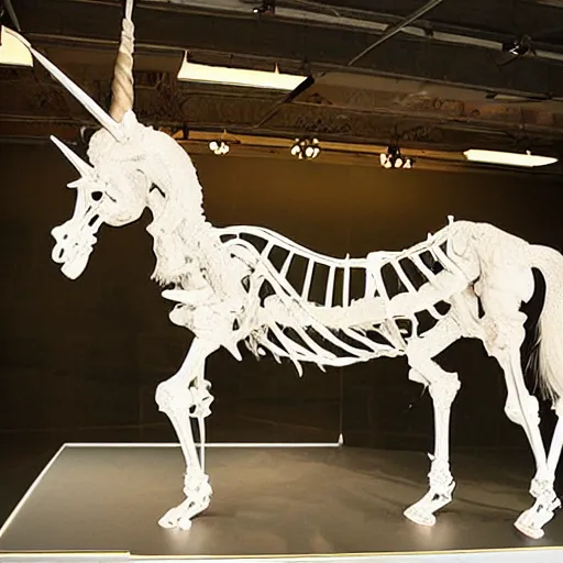 Image similar to unicorn skeleton wikimedia museum photograph