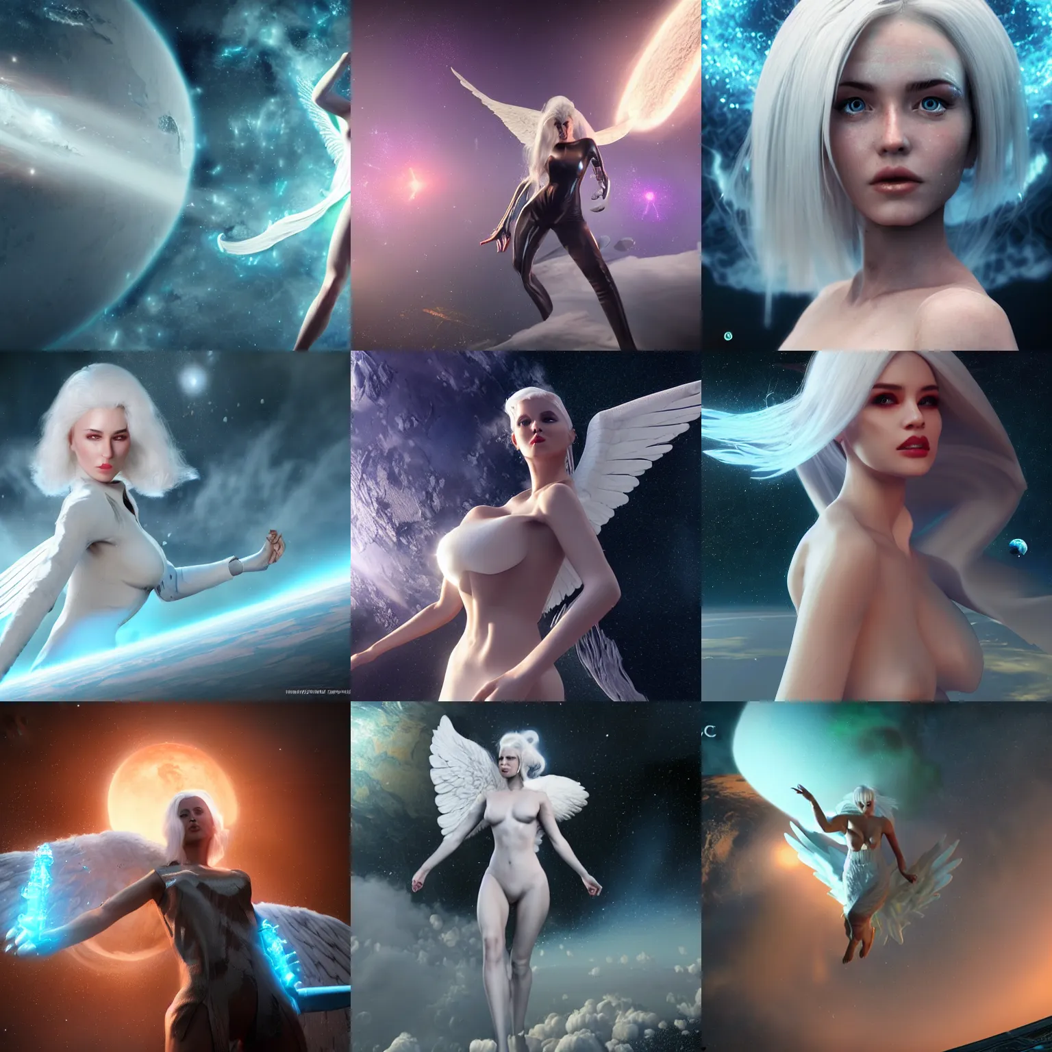 Prompt: impossibly beautiful female angel destroying earth from space, white hair, by wlop, cg society contest winner, cinematic paint, unreal engine