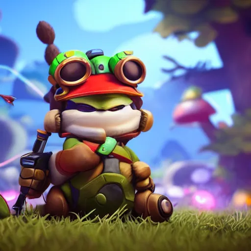 Image similar to teemo as an overwatch character, teemo shooting a poison dart, teemo surrounded by poison mushrooms, octane render, blender render, unreal engine, cinematic lighting