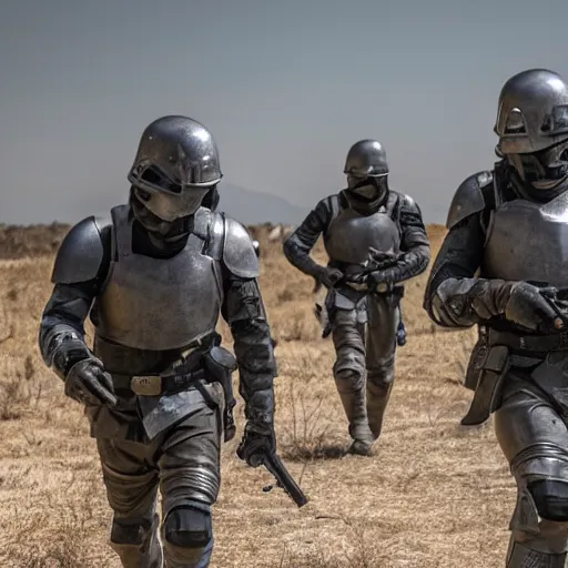 Prompt: Mercenaries wearing grey body armor and FAST-MT combat helmets fighting a bloody battle, photo by Adam Ferguson, Pulitzer Winning, cinematic composition, breathtaking, modern, 8k, taken in 2022