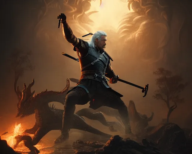 Image similar to 5 5 mm portrait photo of geralt fighting a 5 headed hydra with igni aign. magical atmosphere. art by greg rutkowski. highly detailed 8 k. intricate. lifelike. soft light. nikon d 8 5 0.