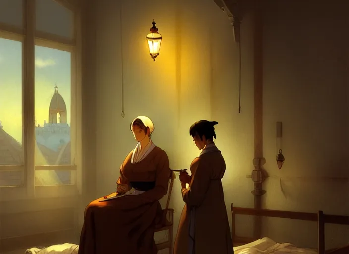 Image similar to 1 8 5 4 crimea, florence nightingale holding lamp, army hospital in scutari at night, wounded patients in beds on both sides of hospital ward, finely detailed perfect art, painted by greg rutkowski makoto shinkai takashi takeuchi studio ghibli