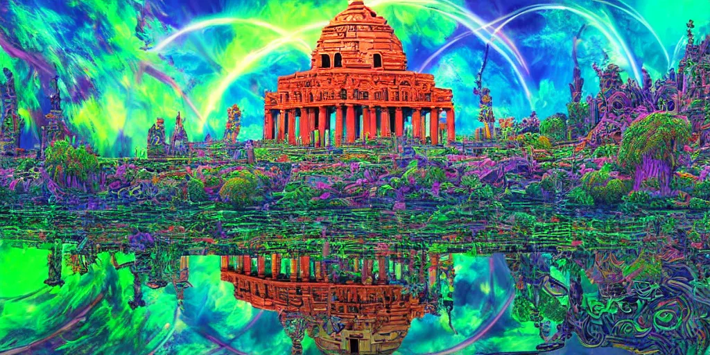 Image similar to temple of the supreme artificial intelligence on an earth like psychedelic planet, beautiful ultra detailed colorful digital art