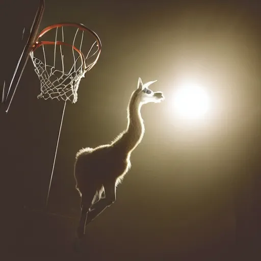 Image similar to film still of a llama dunking a basketball, low angle, extreme long shot, indoors, dramatic backlighting