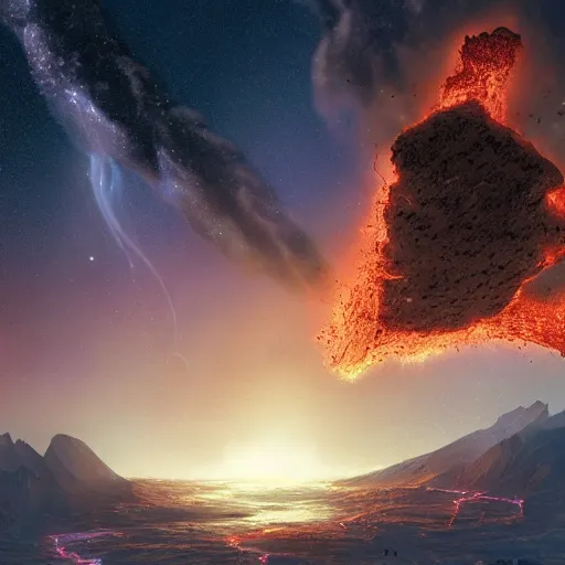 Image similar to Digital art of a meteorite containing an ant colony burning up in the atmosphere, by Jessica Rossier and Wayne Barlowe 4k prehistoric geology space hubble start nebula