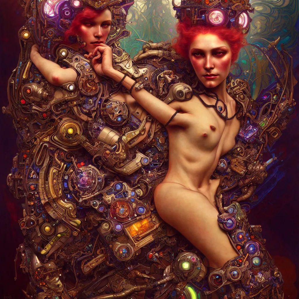 Prompt: extremely psychedelic cyborg queen of lsd. intricate, elegant, highly detailed, extremely lifelike photorealistic digital painting, artstation. steichen, gaston bussiere, tom bagshaw, cyberpunk alphonse mucha. dark pallet, melancholy. anatomically correct in every way.