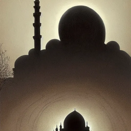 Image similar to a big mosque in a Village, horror, fog, foster, highly detailed, one house, fear, dark inside, black garb figures,eerie sun eclipse,hyper realistic, atmospheric lighting, beksinski