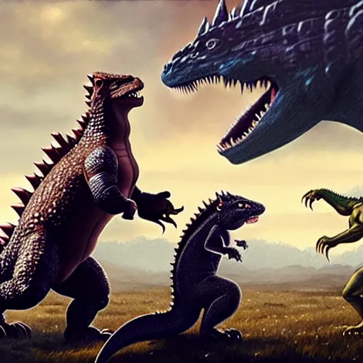 Prompt: godzilla fighting a giant muscular squirrel and a giant gay lizard in a field, 4 k, detailed, smooth lighting, art by greg rutkowski, intense lighting