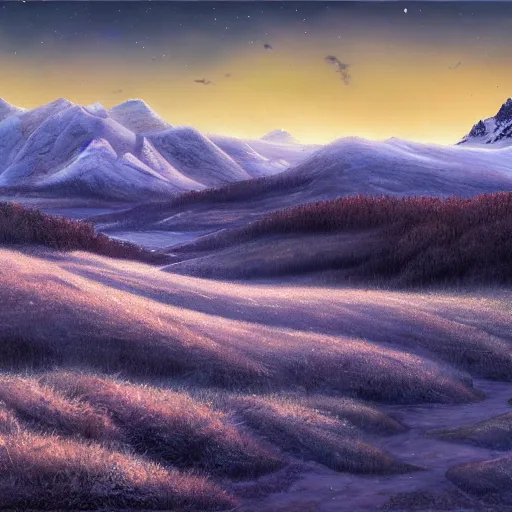 Image similar to A professional digital landscape painting of a vast wintery tundra with peaking mountains in the background, painted by Terese Nielsen, 4k, digital art, trending on cgsociety, highly detailed, upper body shot, shallow depth of field, purple and yellow lighting, professional lighting, airbrush,