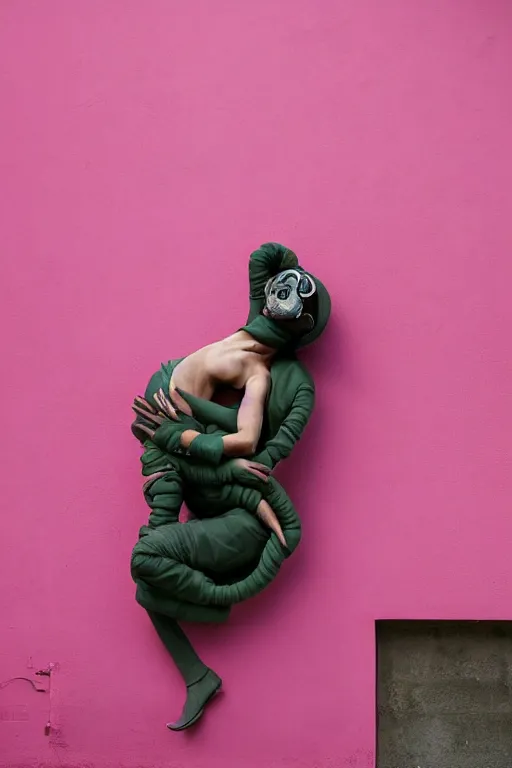 Image similar to a surreal portrait of intertwined and contorted figures wearing gas mask next to a pink wall in the style of brooke didonato, editorial fashion photography from vogue magazine, full shot, nikon d 8 1 0, ƒ / 2. 5, focal length : 8 5. 0 mm, exposure time : 1 / 8 0 0, iso : 2 0 0